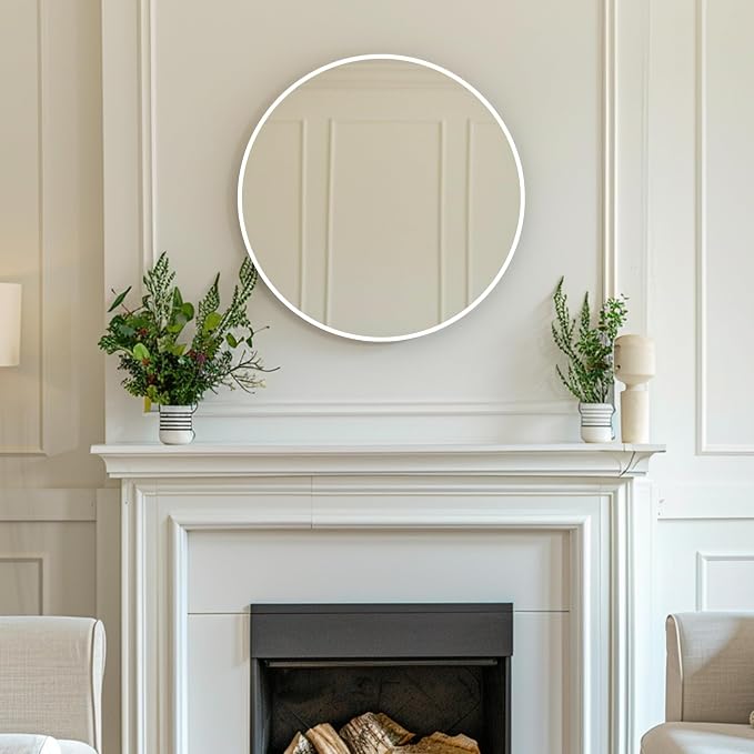 White Round Mirror, White Circle Mirror 24 inch, Round Bathroom Mirrors, Circle Wall Mirrors for Bathroom, Living Room, Hallway, Vanity, Over Sink, Mantel