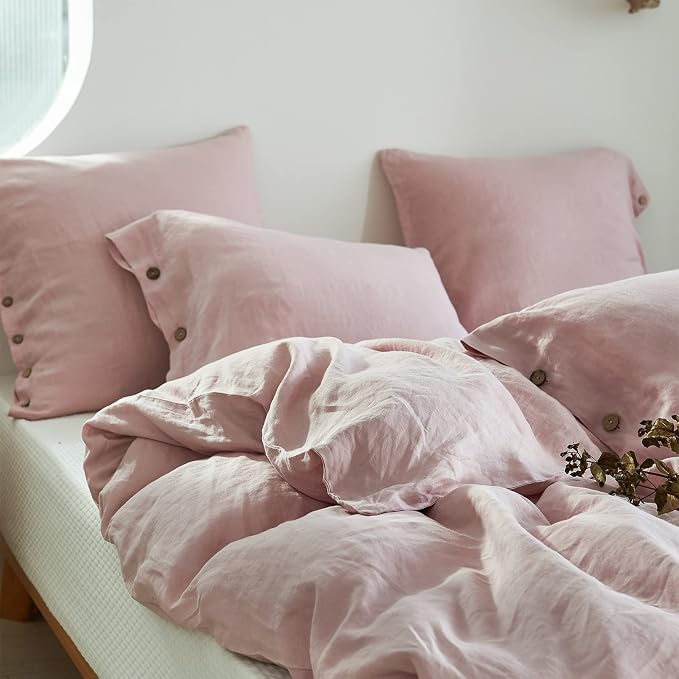Simple&Opulence 100% Linen Duvet Cover Set 2pcs with Coconut Button Closure Natural French Washed Flax Solid Color Soft Breathable Farmhouse Bedding - Blush Pink, Twin Size