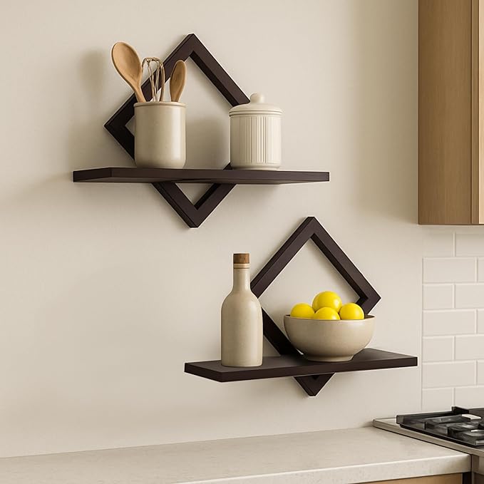Floating Shelves for Wall,Decorative Wall Shelf,Hanging Shelf for Plants Storage Display Holder,Indoor Decor for Living Room Home Office Bathroom Bedroom,Solid Wood,Diamond Shaped,2 Pack(Walnut)