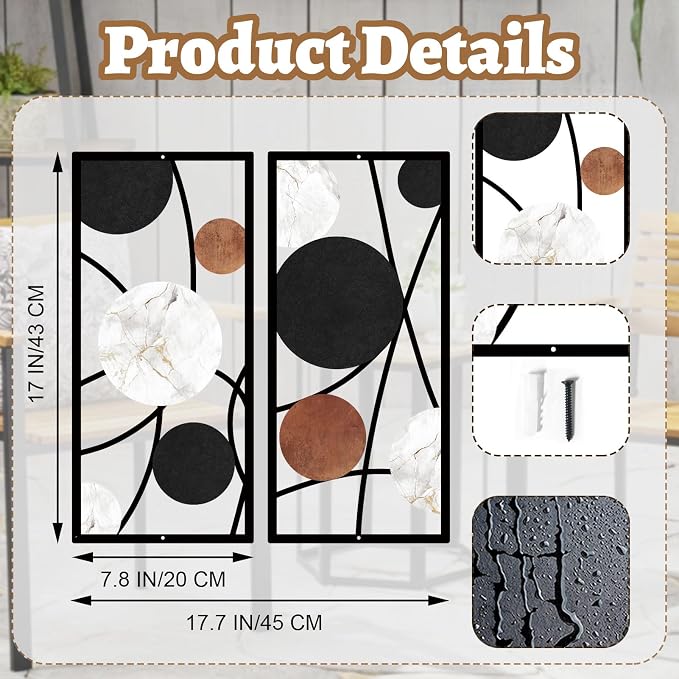 ruelen 2 Pieces Metal Wall Art，Abstract Geometric Circle Decor with Marble Texture, Modern Minimalist Black White Brown Wall Sculpture for Living Room，Bedroom，Office