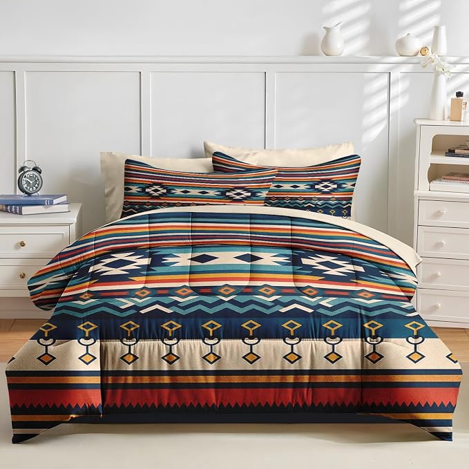 Nesker Comforter Set Full Size, Southwest Aztec Geometric 7 Pcs Bedding for Kids and Adults, Bohemian Vintage Bed Sheet Sets with Fitted Sheet 2 Pillowcases & 2 Shams