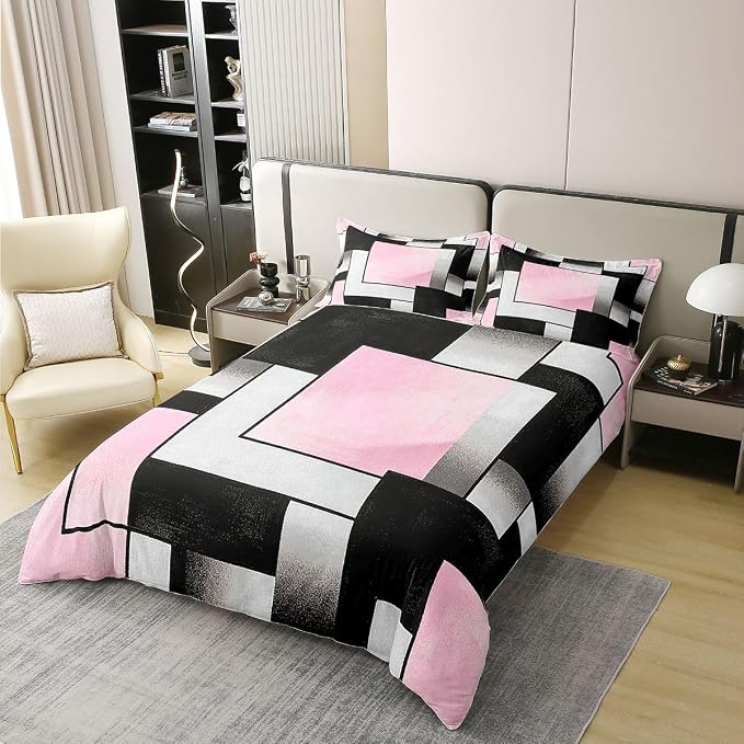 Erosebridal Pink and Black Bedding Set Queen Modern Square Geometric 100% Cotton Duvet Cover Mid Century Minimalist Abstract Comforter Cover for Kids Teens Adults Contemporary Stripes Bed Set 3 Pcs