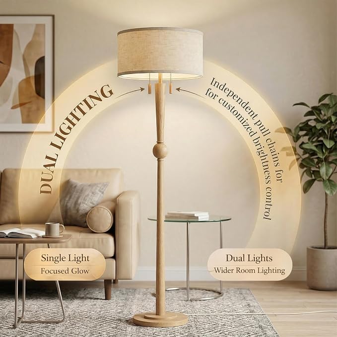 MOFFE 62.8" Solid Wood Floor Lamp,Tall Standing Floor Lamp with 2-Light Pull Chain, 17" Linen Drum Shade, Sculptural Wood Base & Stem,Transitional Floor Lamp for Living Room Bedroom, Includes 2 Bulbs