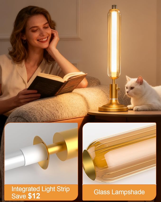 Lightdot Minimalist Table Lamp for Living Room, Mid Century Modern Farmhouse Bedside Lamps with Brown Glass Shade, 3000K Warmwhite Dimmable Nightstand Lamp for Bedroom-Gold