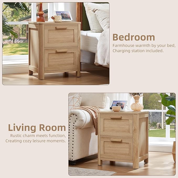 Farmhouse Nightstand with Charging Station, End Tables Bedroom with 2 Large Drawers & 4 Thickened Table Legs, Natural Wood