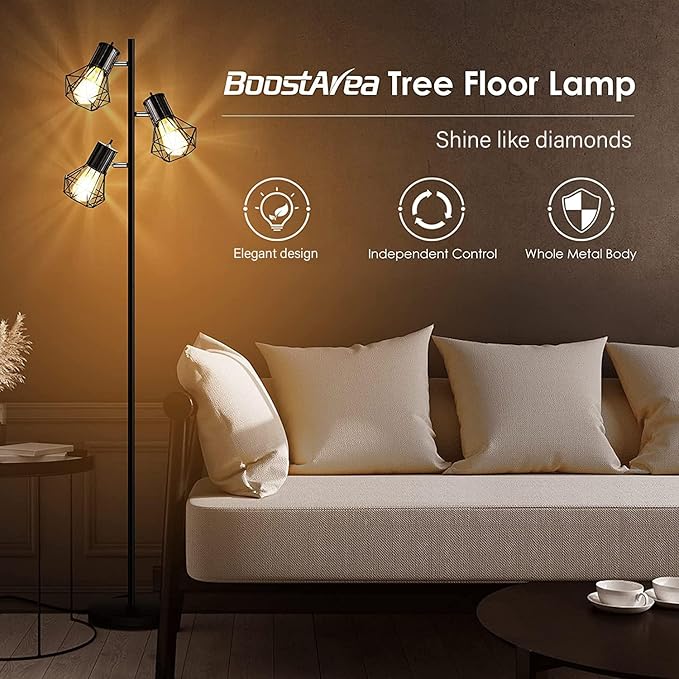 BoostArea Industrial Floor Lamp,Standing Lamp,Farmhouse Tree Floor Lamps with 3 Adjustable Cage Heads,E26 Socket,Independent Control,Floor Lamp for Living Room,Bedroom,Rustic Home(No Bulb)