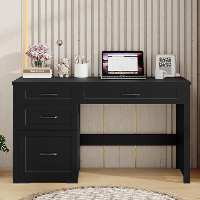 Farmhouse 47" Executive Desk with File Drawer, Wood Computer Desk with 3 Storage Drawers, Workstation for Home Office, Study, Writing(Black)