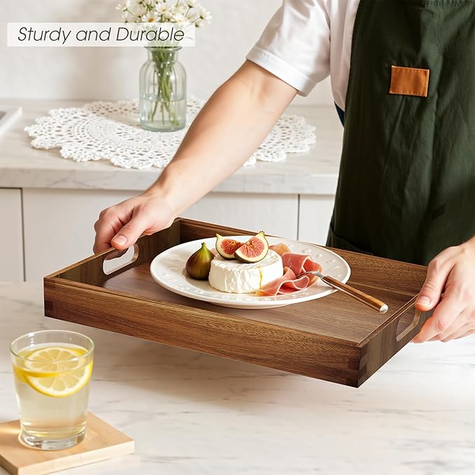 Serving Trays - 2 Pack, Acacia Wood Serving Platters with Ergonomic Handles, Versatile Rustic Decorative Trays for Breakfast, Brunch, Dinner, Coffee Table, Party, Kitchen-M