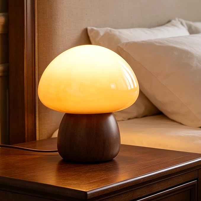 Wooden Base Small Table Lamp for Bedroom 60W Mushroom Table Lamps Gradient Colored Glass Shade Modern Side Table and Desk Lighting H 8.07 in (The Light Bulb is Included)