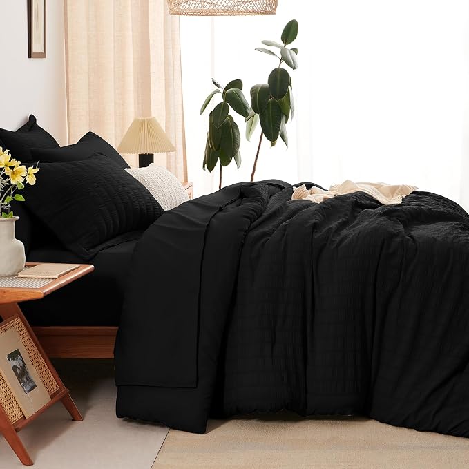 CozyLux Twin XL Comforter Set for College Dorm, 5 Pieces Black Seersucker Twin Extra Long Bed in a Bag, Down Alternative Bedding Set with Comforter, Sheets, Pillowcase & Sham, Back to School Gift