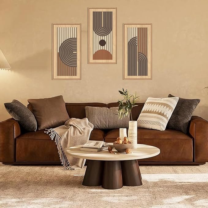 IARTTOP Mid-century Modern Boho Wooden Wall Art Framed 8x16 Inch Orange Abstract Bohemian Wood Wall Decor Set of 3 Minimalist Geometry Artwork for Living room Bedroom Office