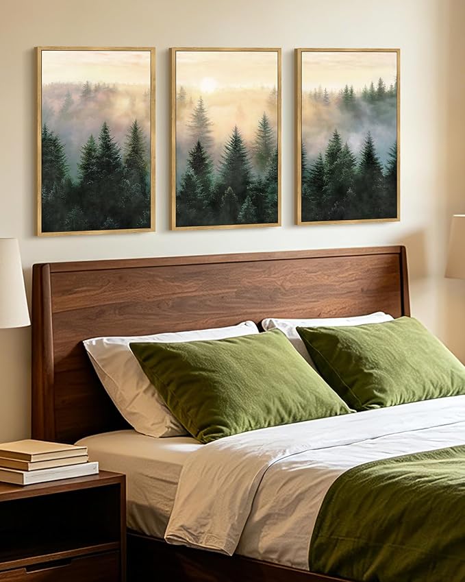 KUVIOKE Sun Dawn Fog Pine Tree Framed Wall Art Morden Nature Nordic Forests Artwork Bedroom Decor 16x24in (Natural Framed)