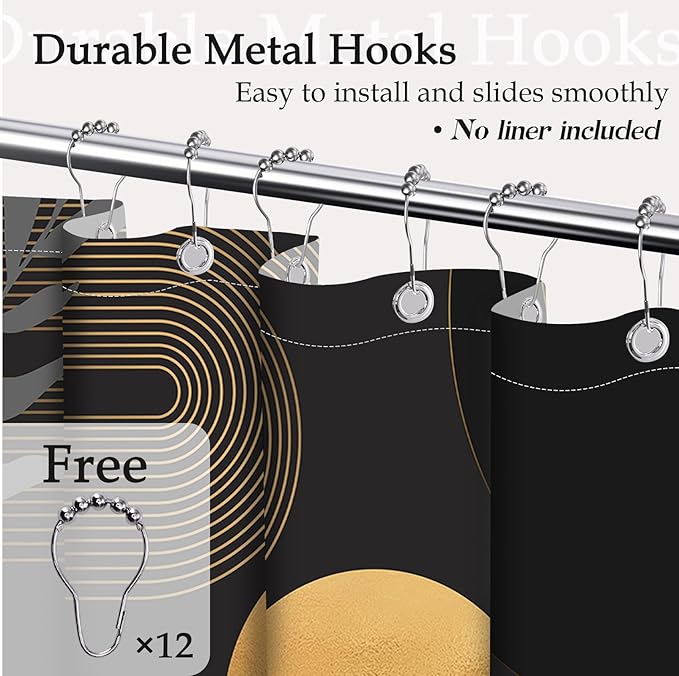Black and Gold Shower Curtain Dark Mid Century Modern Boho Shower Curtains for Bathroom Decor MCM Masculine Cool Bath Curtain Set, Waterproof Fabric with Hooks 70 x 84 Inch