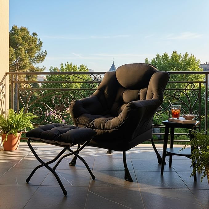 Tiita Lazy Chair with Ottoman, Black Modern Large Accent Chair, Comfy Leisure Sofa Armchair with Ottoman, Reading Chair with Footrest for Bedroom, Living Room, Dorm Rooms, Black