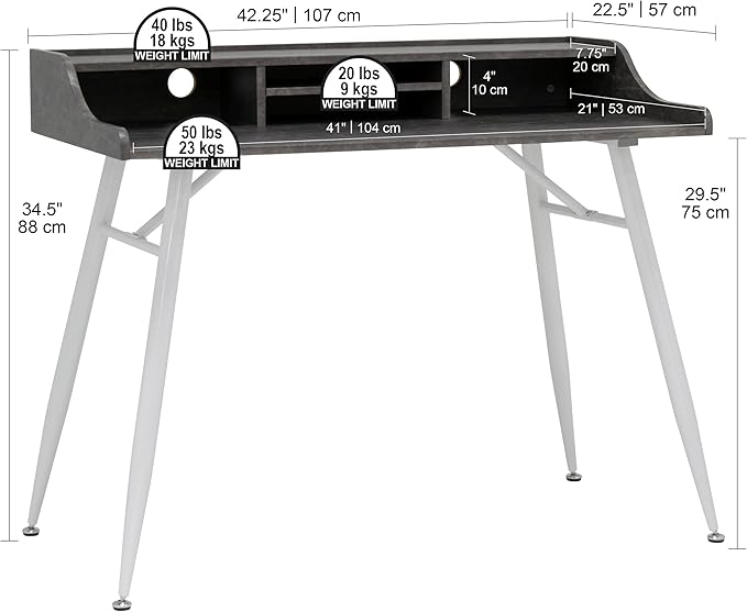 Calico Designs Woodford 45” Wide Modern, Secretary, Writing, Desk with Low Storage Hutch and Whtie Metal Tapered Legs in Marbled Dark Grey, White