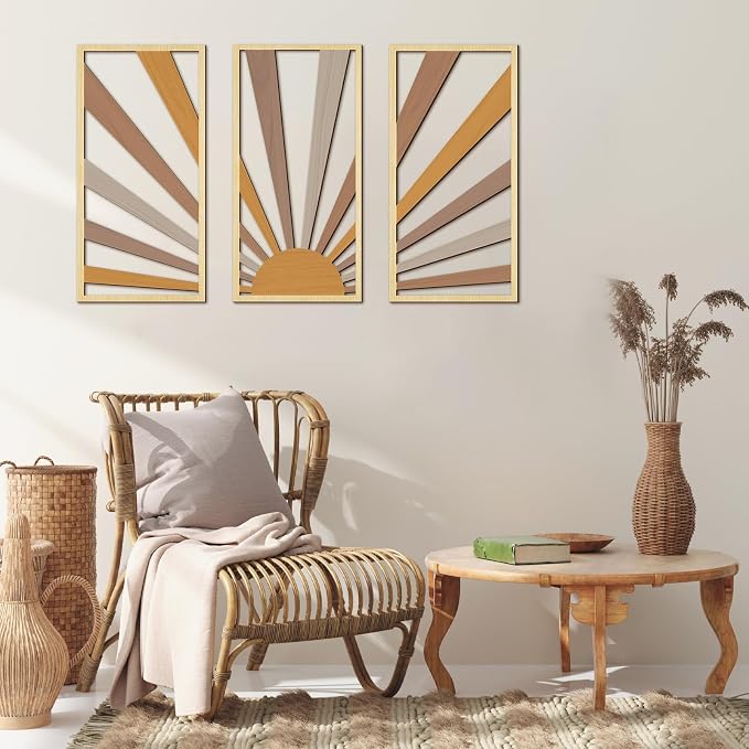 Suzile 3 Pcs Wall Sculptures Wooden Wall Decor Boho Geometric Line Hollow Wall Decor Mid Century Modern Decor Minimalist Geometric Art for Living Room Bathroom Bedroom Office Kitchen (Sunrise)