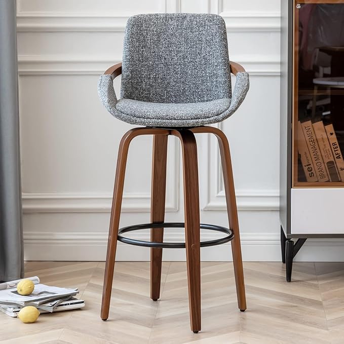 LUNLING 25.6" Counter Height Barstools Set of 3 Mid Century Modern Retro Bar Chairs Charcoal Gray Linen Look Fabric Upholstered and Walnut Wood Frame for Home Bar Furniture,Gray