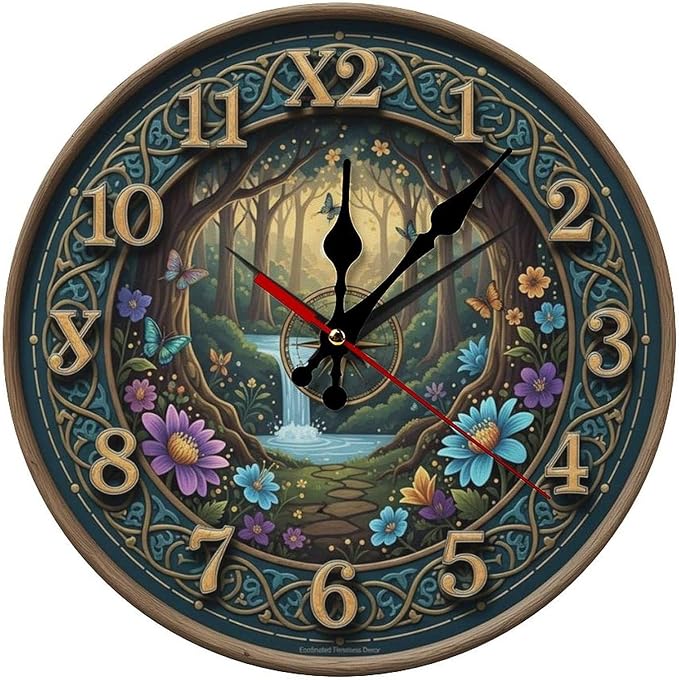 Enchanted Forest Wooden Wall Clock Silent Non Ticking - Frameless 10/12 Inch Battery Operated Decor for Living Room Bedroom Office Kitchen