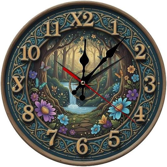 Enchanted Forest Wooden Wall Clock Silent Non Ticking - Frameless 10/12 Inch Battery Operated Decor for Living Room Bedroom Office Kitchen