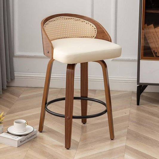 30" Swivel Rattan Bar Stools Mid-Century Modern Faux Leather Upholstered Bar Height Stools Kitchen Island Barstool with Rattan Low Backrest,Walnut Wood Finish Bar Chairs,Beige PU,1PCS