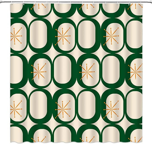Mid Century Modern Extra Long Shower Curtain Abstract Atomic Geometric Round Squares Retro 50s Green Fabic with Hooks for Bathroom Decor,70x78 Inch