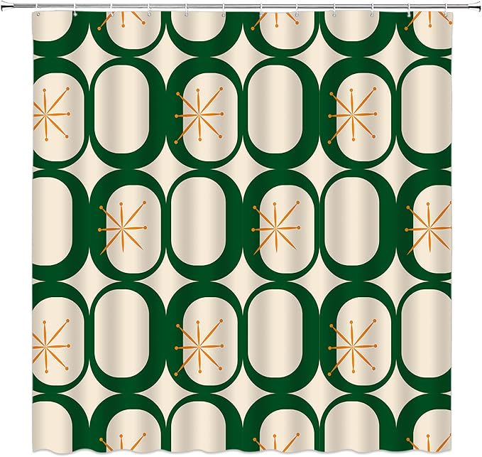 Mid Century Shower Curtain Modern Abstract Atomic Starbursts Squares Retro 50s Geometric Bathroom Decor Polyester Curtains with Hooks
