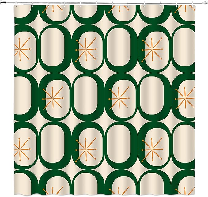 Mid Century Modern Shower Curtain Abstract Atomic Geometric Round Squares Retro 50s Green Fabric Curtain with Hooks for Bathroom Decor,70x70 Inch