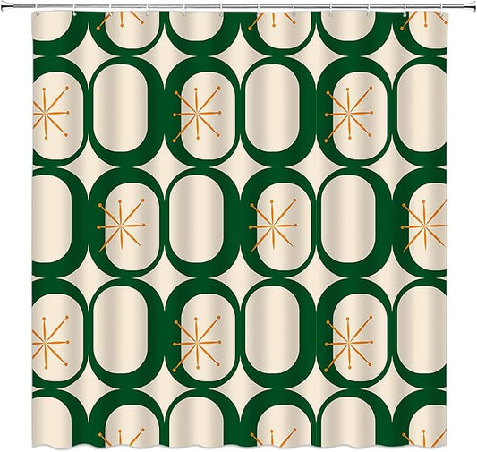 Mid Century Modern Shower Curtain Abstract Atomic Geometric Round Squares Retro 50s Green Fabric Curtain with Hooks for Bathroom Decor,70x70 Inch