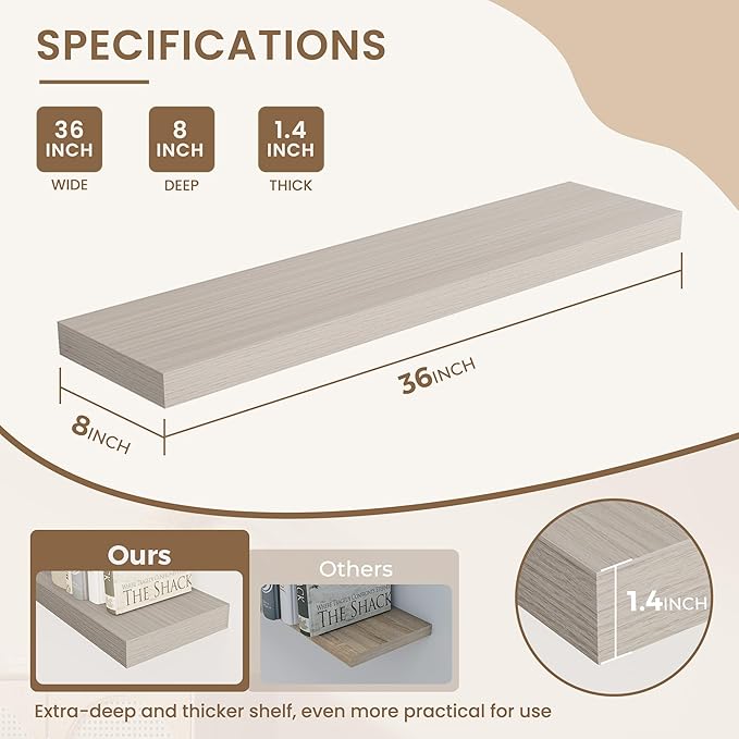 Dreamland 36 Inches Floating Shelves for Wall, 8" Deep Long Floating Shelves Set of 2, Large Display & Storage Shelf, Wall Shelf for Bathroom Bedroom Living Room Kitchen Office, Grey