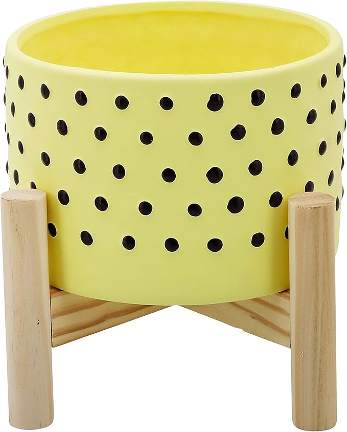 Ceramic Planter Pot with Wooden Stand – Indoor Outdoor Plant Holder with Black Polka-Dot Pattern, Decorative Pot Stand for Living Room, Entryway, Bedroom, Patio or Garden Décor – 6", Yellow