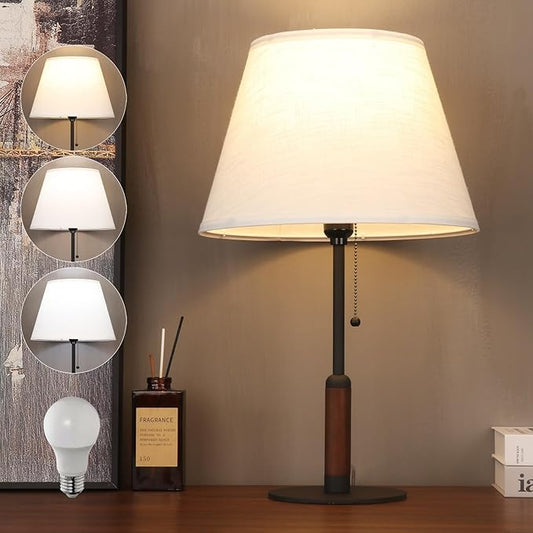 21" Modern Bedside Lamp Mid Century Table Lamp, Pull Chain Nightstand Lamp for Bedroom Living Room 3-Color Light, Solid Wood/Metal/Fabric for Home/Office/Desk Decor (Off White+Sand Black)