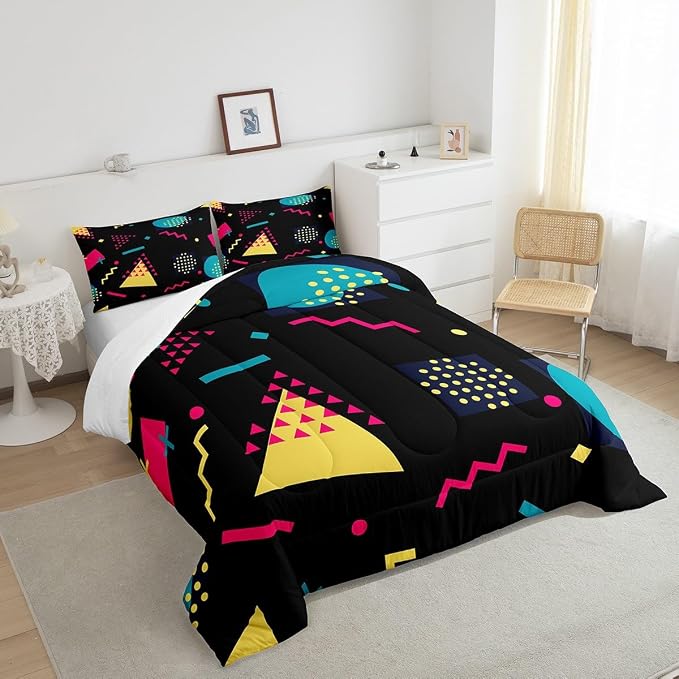 Manfei Memphis Comforter Set King Size, Retro 80s 90s Geometric Fashion Style Bedding Set 3pcs for Kids Boys, Triangle Circle Vintage Quilt Set Soft Polyester Duvet Set with 2 Pillowcases