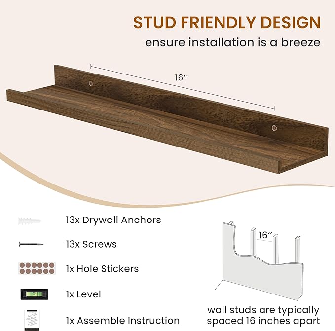 Axeman Picture Ledge Shelf, Floating Shelves for Wall Decor Storage Set of 6, 24 inch Floating Wall Mounted Shelves, Shelves with Lip for Living Room, Bedroom, Nursery, Bathroom, Kitchen, Walnut
