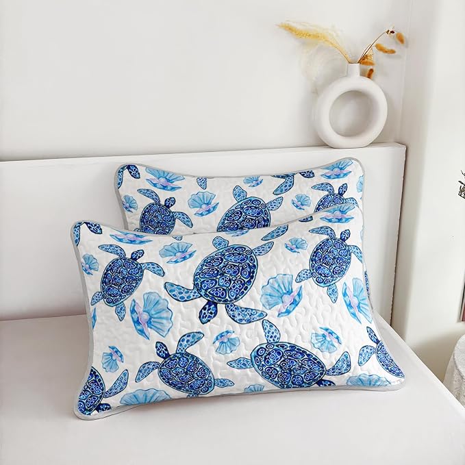 AILONEN Watercolor Sea Turtle Quilt Set Full Size,Beautiful Pearl Shells Bedspread Coverlet - Soft Lightweight 3Pcs - Sea Creatures Print Quilt,2 Pillowcases