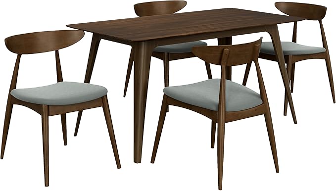 Mid-Century Modern Rectangular Dining Table with 4 Chairs, Solid Rubberwood Frame, Light Gray and Walnut Finish, Fabric Seats with Polyurethane Foam Filler, 4-Leg Base