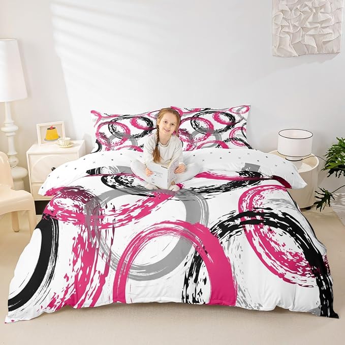 Geometric Circle Duvet Cover Set Toddler Size,Retro Striped Swirls Bedding Set,Girls Women Room Decor,Modern Abstract Texture Art Simple Comforter Cover,Pink White Quilt Cover,1 Pillowcase(No Filler)