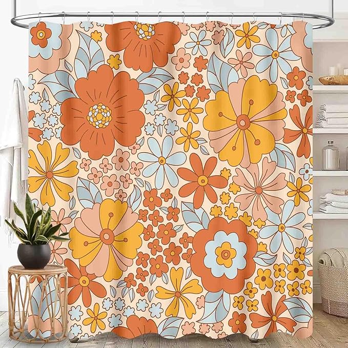 Hippie Floral Shower Curtain, Retro 70s Vintage Orange Daisy Groovy Cute Flower Aesthetic Boho Funky Trippy Waterproof Fabric Bath Shower Curtain Set with Hooks, 72"x72" Inch