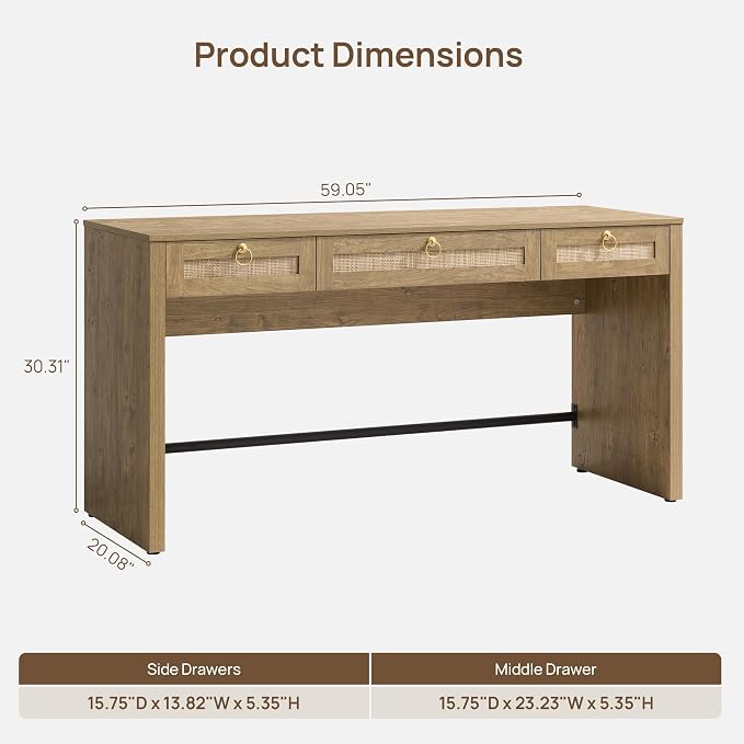 SICOTAS 60" Rattan Computer Desk Writing Table with Storage: Long Home Office Desk with 3 Drawers, Farmhouse Executive Desk Console Table Living Room, Office (Carbon Cherry, 2 Pieces)