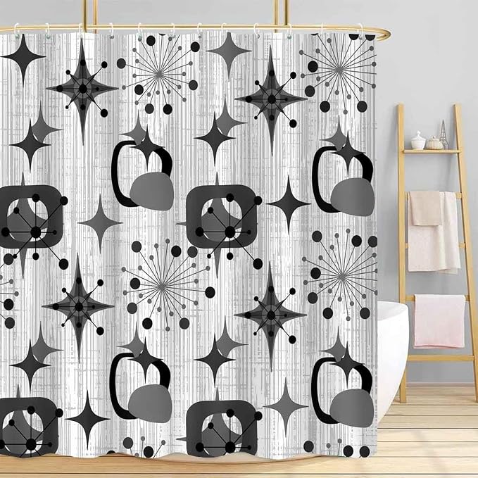 Mid Century Shower Curtain, 72x72inch, Modern Abstract Retro Grey Striped Geometric Shower Curtain Sets 1950s Boho Bathroom Shower Curtain with 12 Hooks