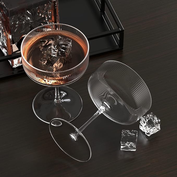 6 Pcs Ribbed Coupe Cocktail Glasses, 10 oz Classic Old Styling Martini Glass Set with Gift Box Packaging Elegant Hand Blown Manhattan Goblet for Cocktail, Champagne, Bar and Gift (6)