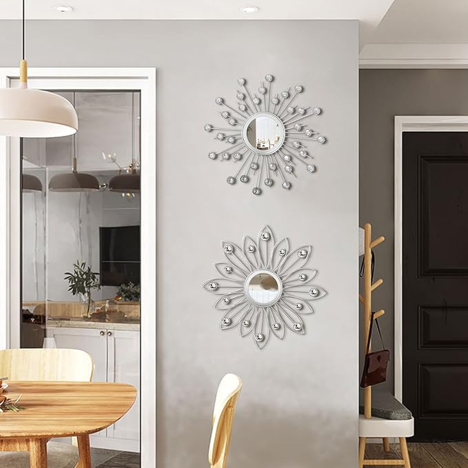 2 Pack Metal Mirrors for Wall Boho Sunburst Wall Mirror Home Decor Modern Decorative Wall Art for Bedroom Living Room Entryway