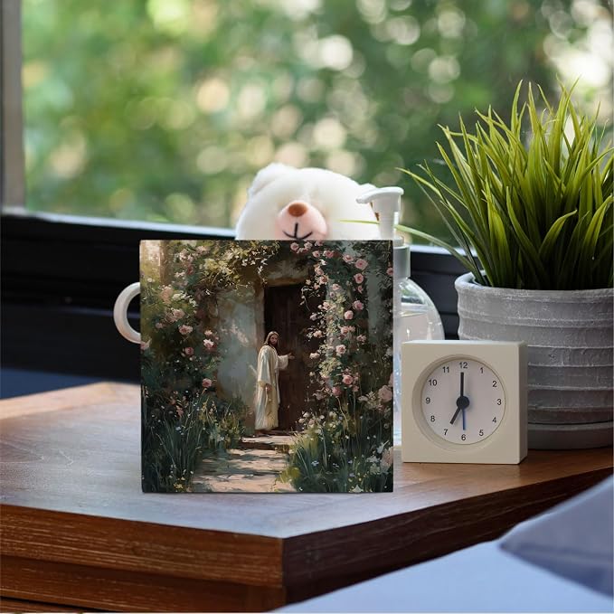 Jesus Knocking at the Door Christian Wooden Box Sign Desk Decor, Cottagecore Religious Jesus Wood Signs for Church Prayer Room Home Office Desk Table Shelf Decorations, 5x5 Inch
