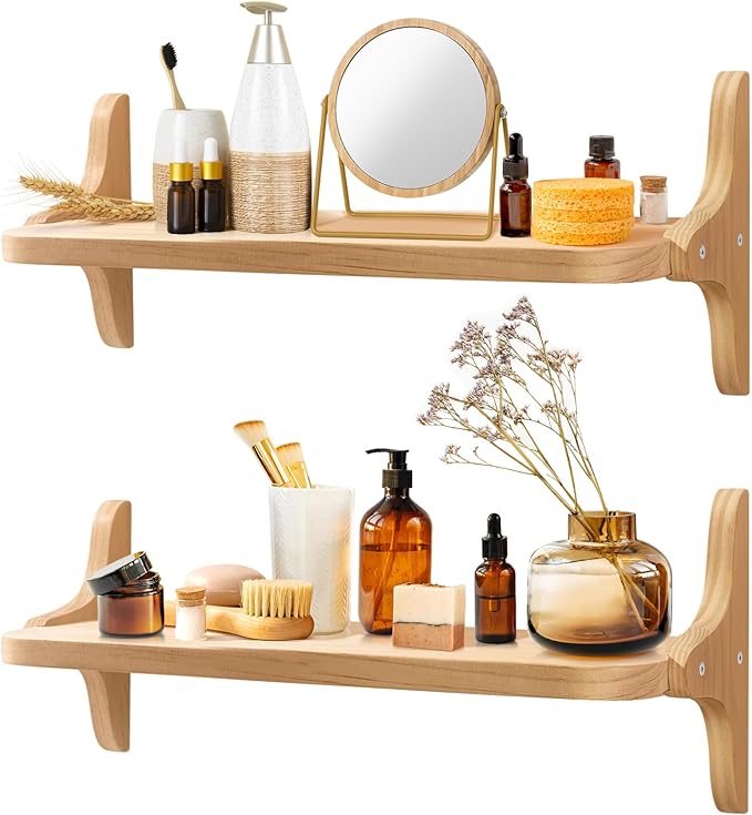 Wooden Floating Shelves for Wall, 23.6" W x 6" D x 0.8" H Large Wall Shelves, Hanging Storage Shelf with Sturdy Brackets for Living Room, Kitchen, Bathroom, Bedroom Decor, Natural, 2 Packs