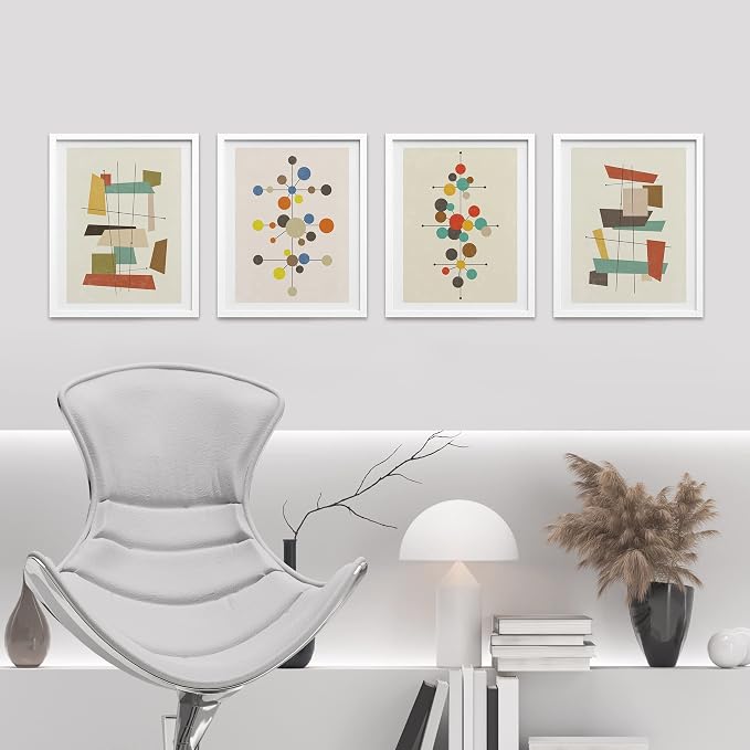 SIGNWIN Framed Mid-Century Modern 1960s Vintage Nordic Polygons Wall Art, Set of 4 Abstract Geometric Wall Decor Prints, Nature Wilderness Wall Décor for Living Room, Bedroom - 8"x10" White