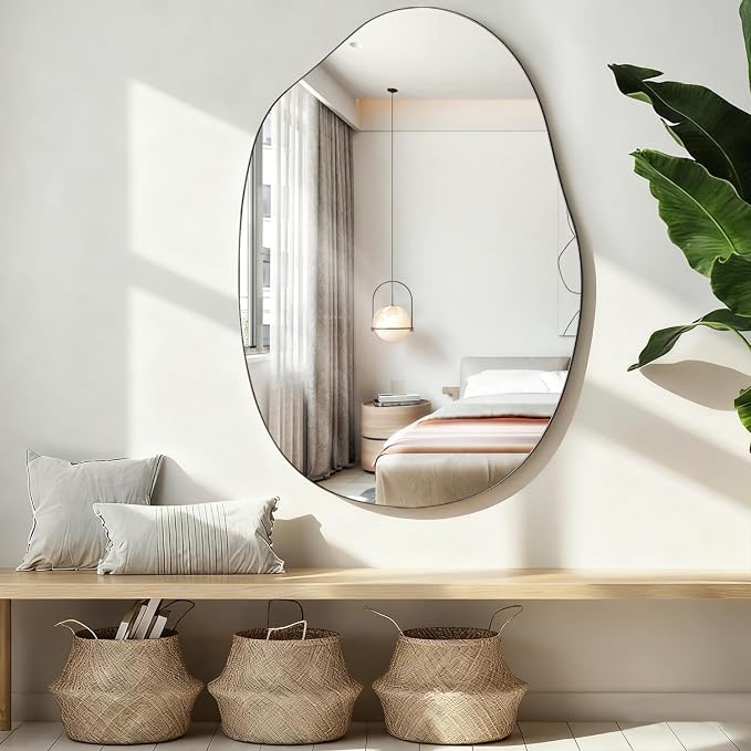 Bathroom Wall Mirror Wood Framed Modern Decorative Irregular Asymmetrical Mirrors for Bedroom Living Room Entryway Dressing Table Wall Decoration Room Decor 26" L x 18" W