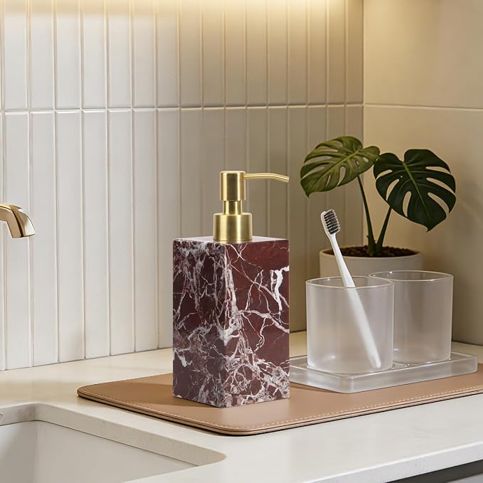 Natural Marble Soap Dispenser for Bathroom and Kitchen Countertop - 5.41 Ounces Hand Lotion and Liquid Stone Shampoo Laundry Bottle with Pump (1, Rosso Lepanto, Rectangular Bottle)