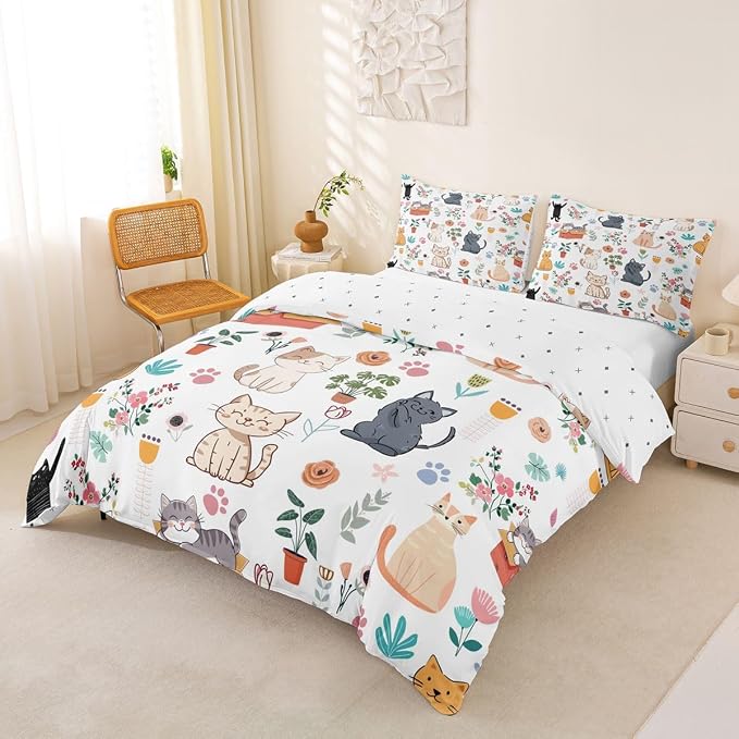 Erosebridal Cute Cat Duvet Cover Full Floral Cats Lovers Bedding Set Lovely Kitten Pet Animals Comforter Cover for Kids Girls Boys Adults Botanical Aesthetic Bed Set