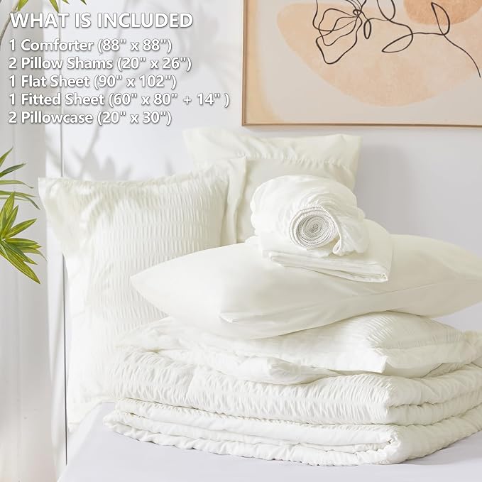 CozyLux Queen Comforter Set Ivory, 7 Pieces Seersucker Textured Luxury Bed in a Bag Queen, All Seasons Soft Bedding Sets with Down Alternative Comforter, Sheets, Pillowcases & Shams, Home Gift