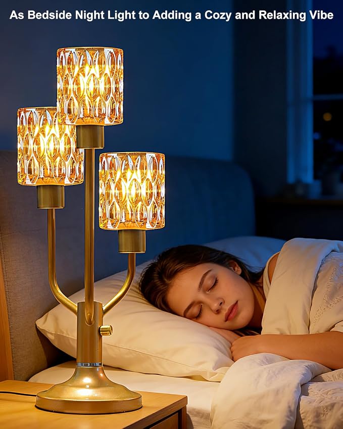 Lightdot Mid Century Modern Table Lamp for Bedroom Dimmable Nightstand Lamp Vintage Gold Desk Lamp Amber Glass 3 Bulbs Included Warmwhite Ambient Bedside Lamps for Living Room Home Office Decor Gift