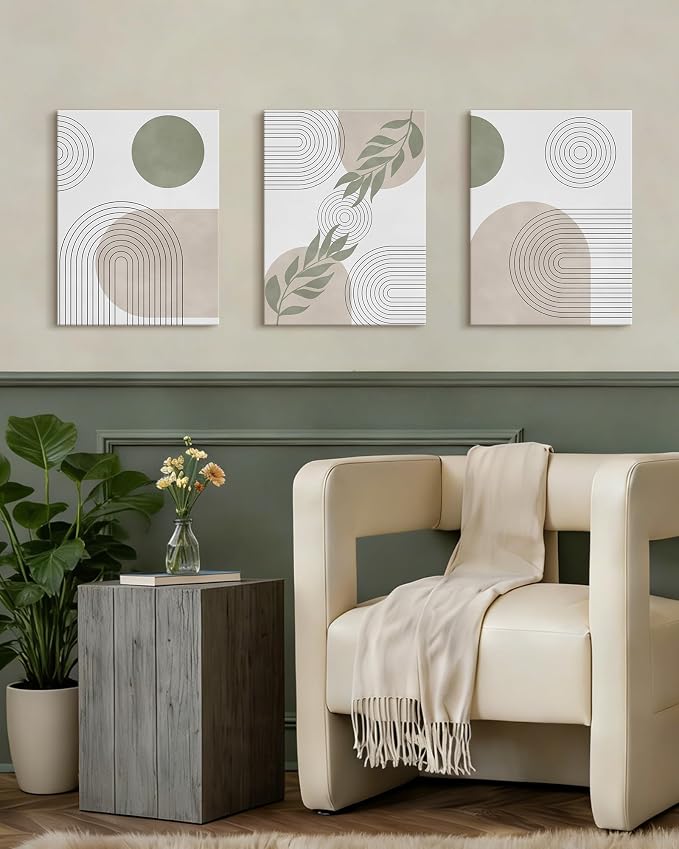 Drsoum Green Bohemian Wall Art Framed Boho Plant Sage Wall Decor Abstract Geometry Artwork Bedroom Home Office Living Room Prints Ready to Hang 12x16in Framed